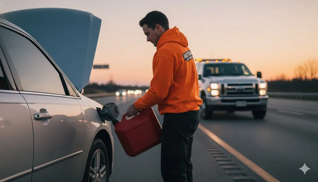 Emergency roadside fuel delivery service pouring gas into a car in Tucson.